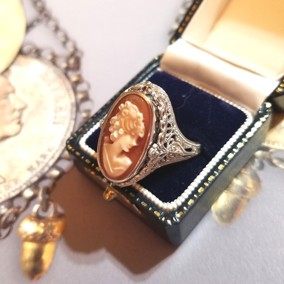 VTG FLIP RING Cameo/Onyx Sterling Silver Filigree - Picture 6 of 12